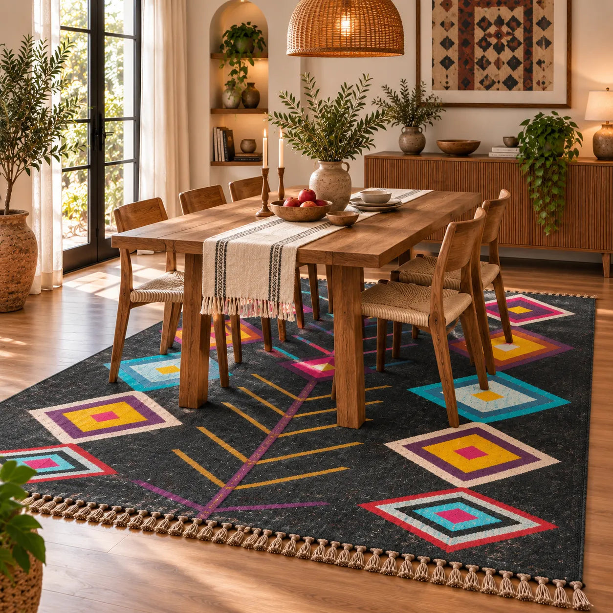 Black Multicolor Wool Jute Kilim Rug – Handwoven Geometric Diamond Area Rug