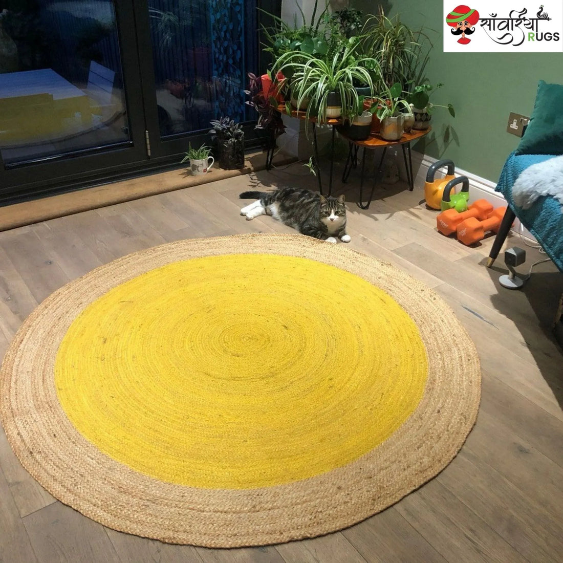 Handmade Yellow Braided Jute Round Rug for Boho Interiors
