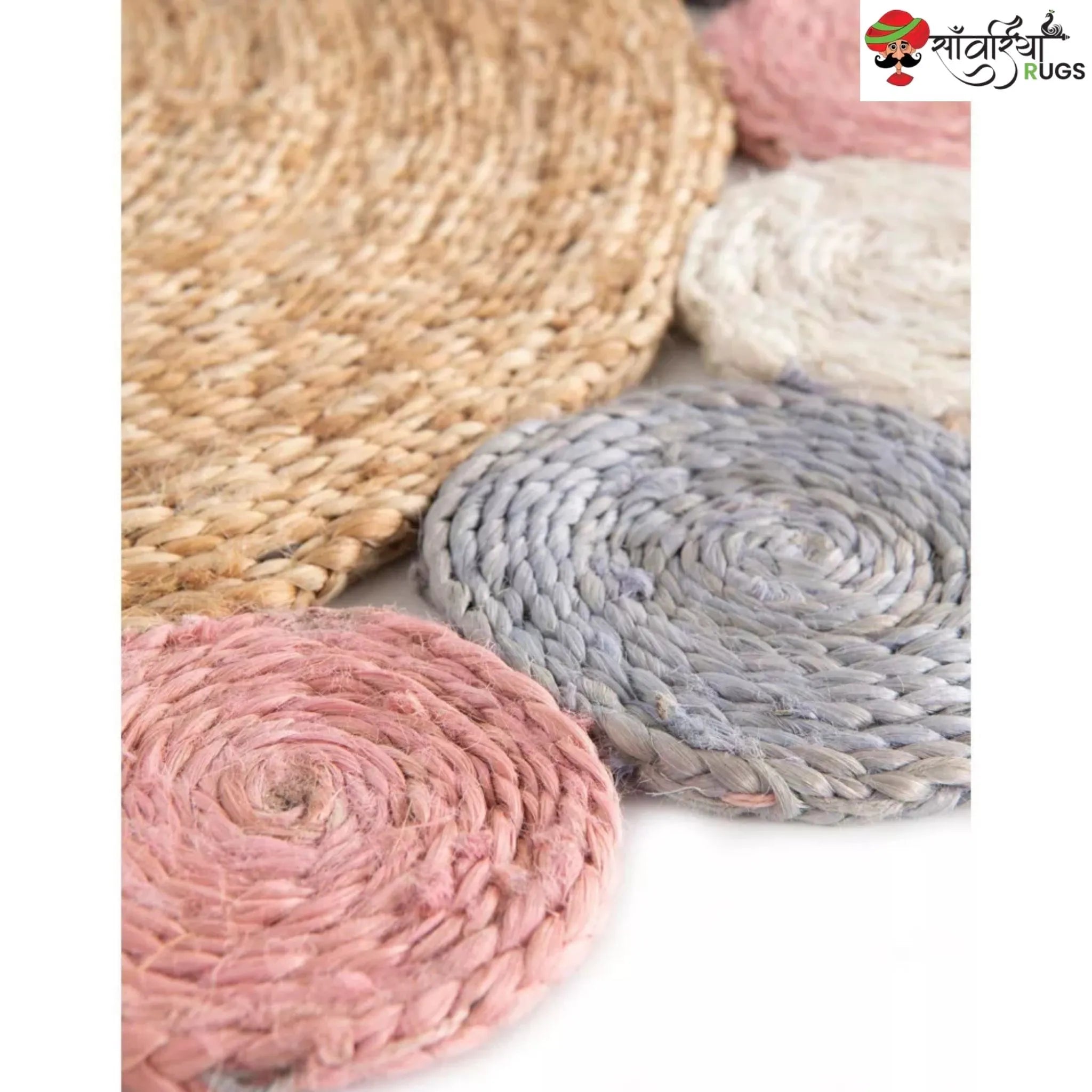 Handmade Braided Jute Round Rug with Multicolor Disc Border