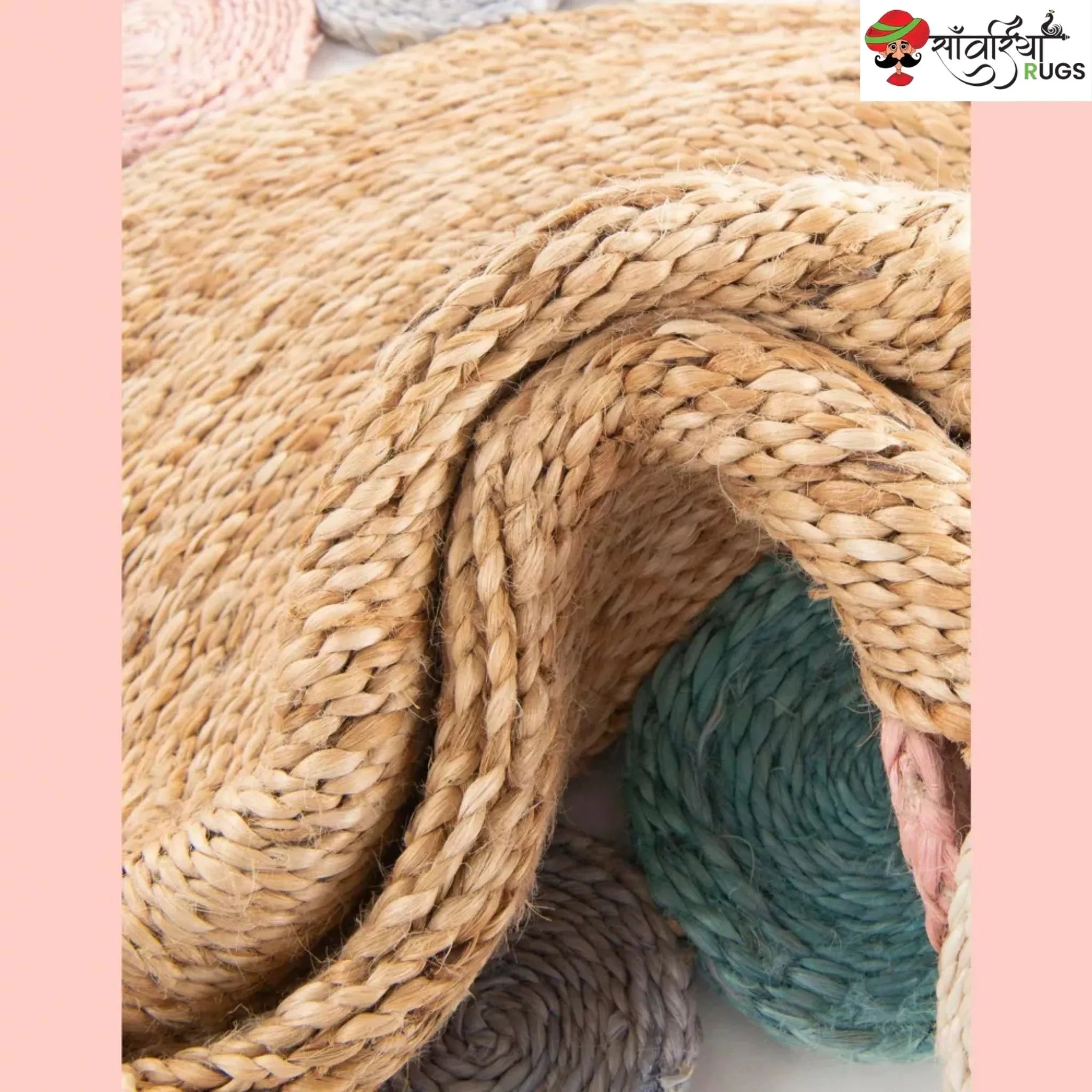 Handmade Braided Jute Round Rug with Multicolor Disc Border