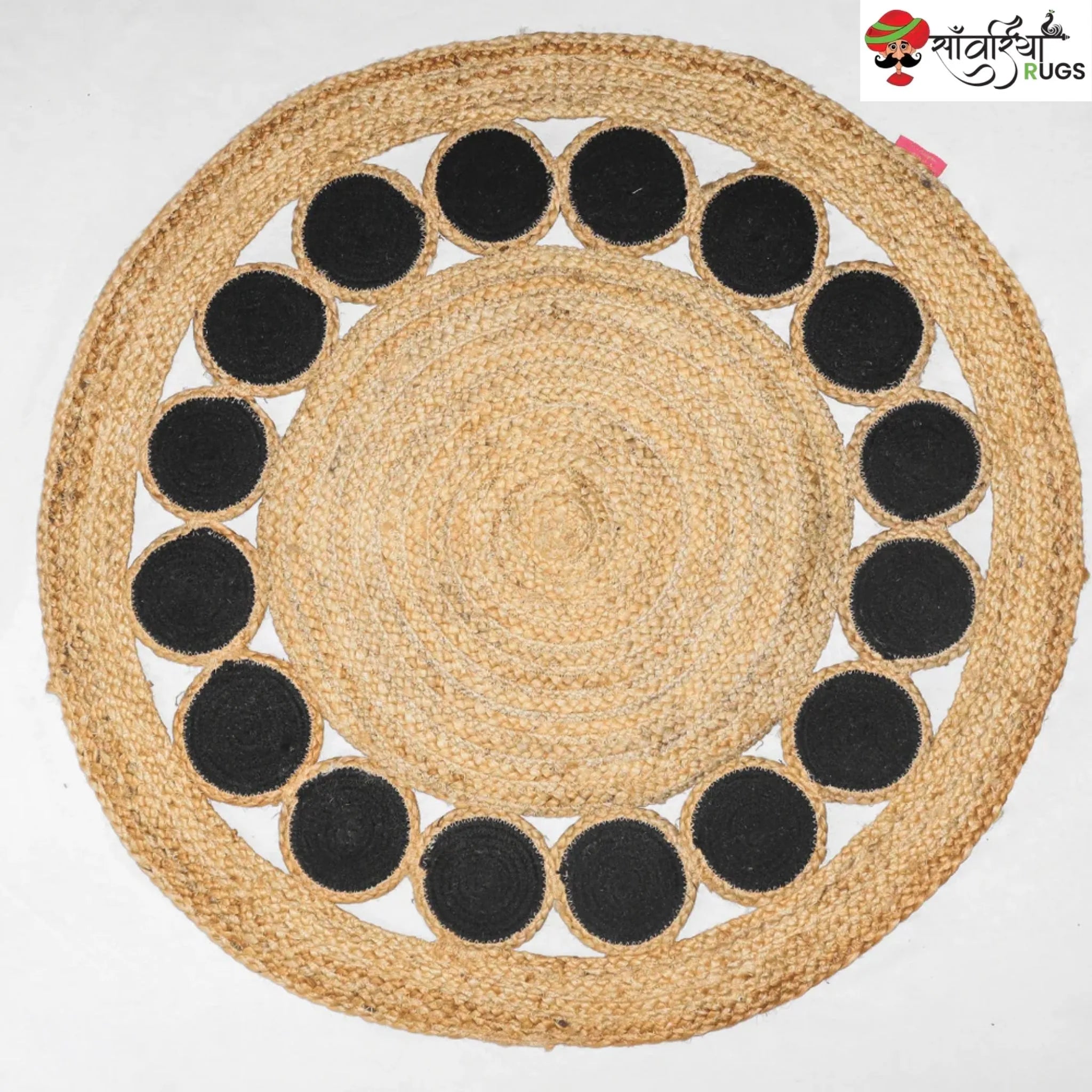 Handmade Round Braided Jute Rug with Black Geometric Tikki Pattern