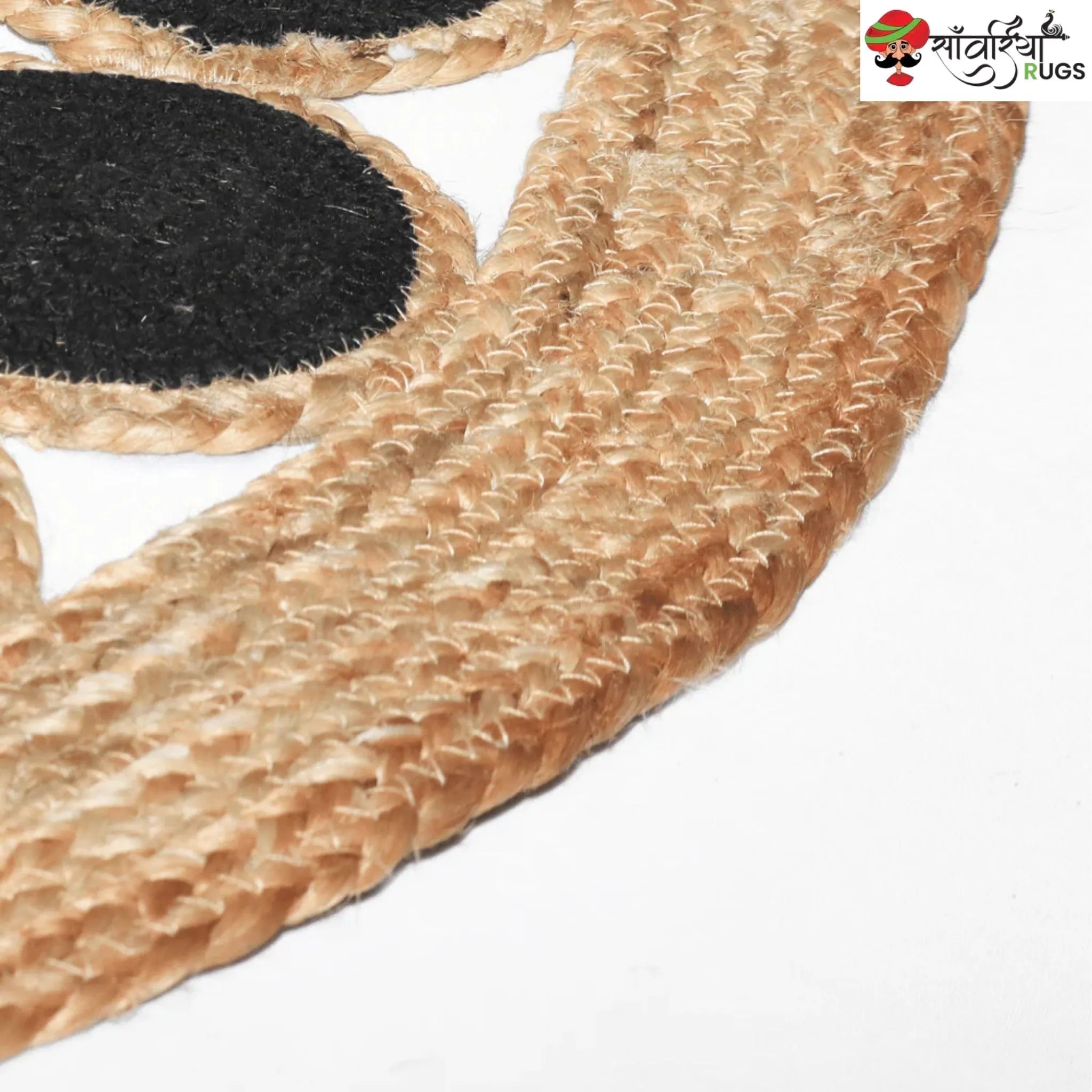 Handmade Round Braided Jute Rug with Black Geometric Tikki Pattern