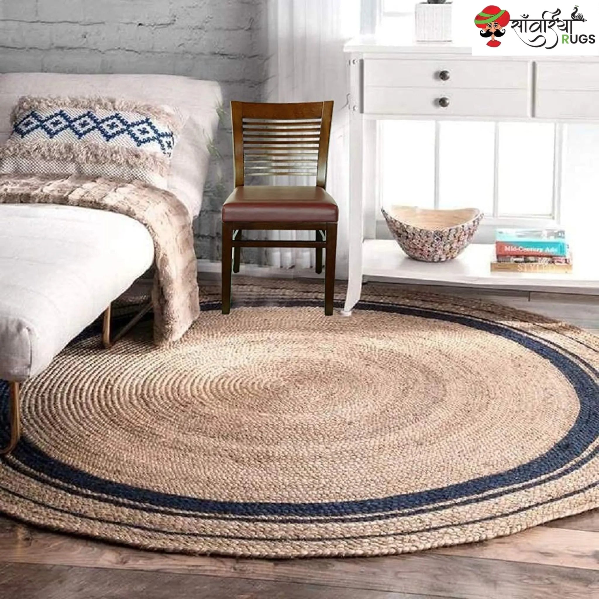 Hand-Woven Round Braided Jute Rug with Contrasting Border