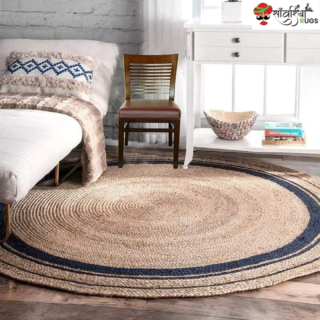 Hand-Woven Round Braided Jute Rug with Contrasting Border