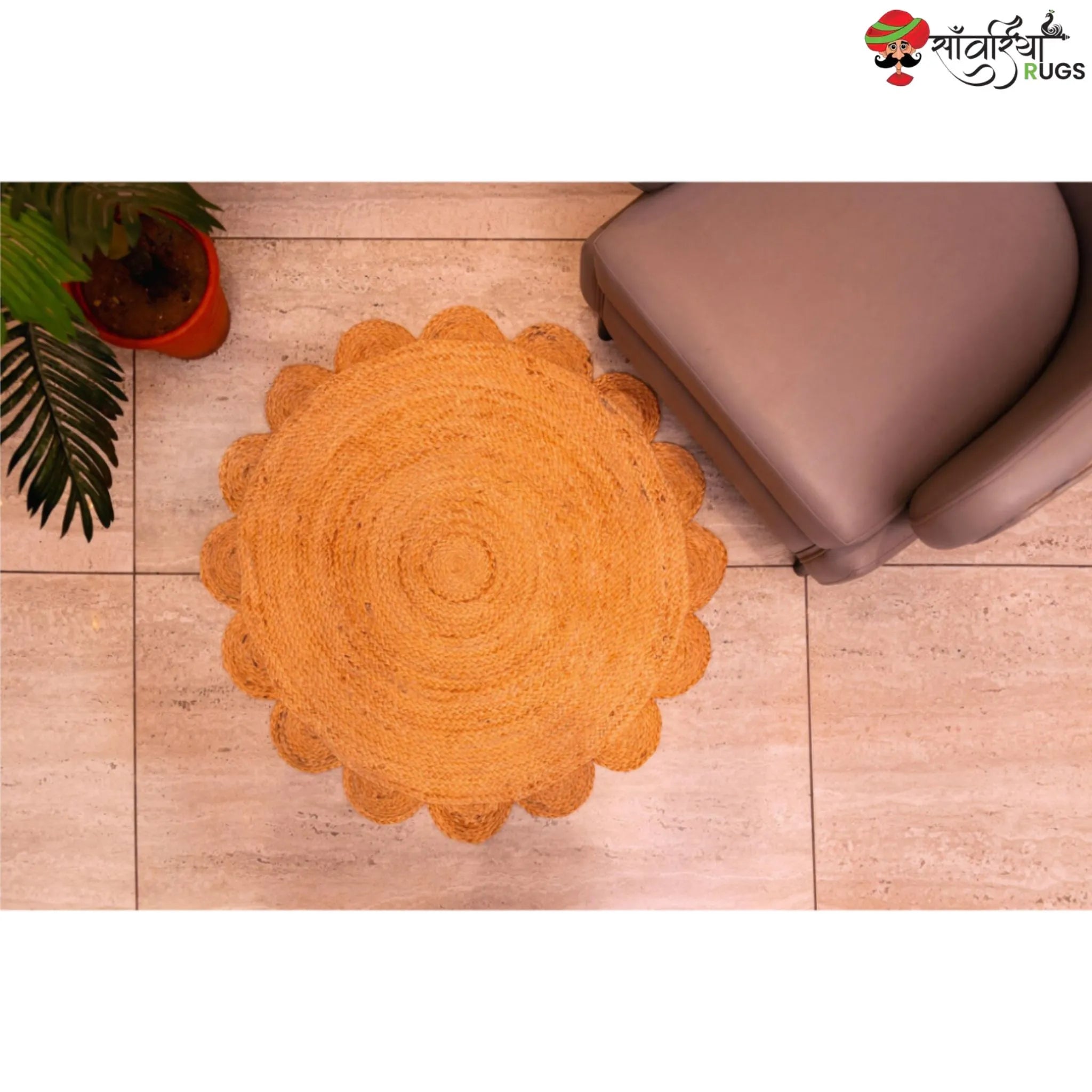 Handmade Braided Scalloped Round Rug – Indian Natural Fiber & Custom Size