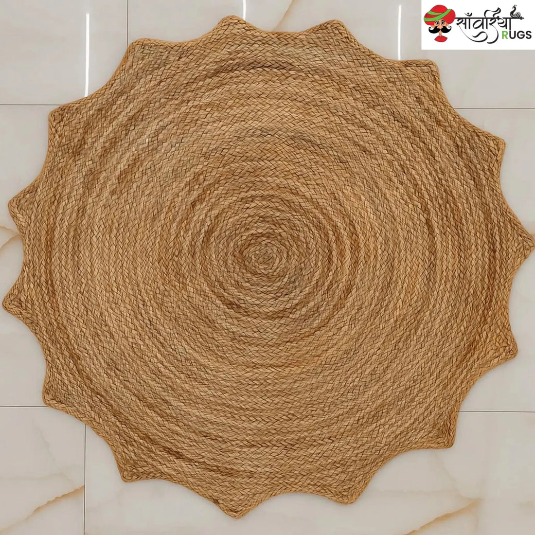 Handwoven Jute Sunburst Rug – Boho Chic Scalloped Area Rug