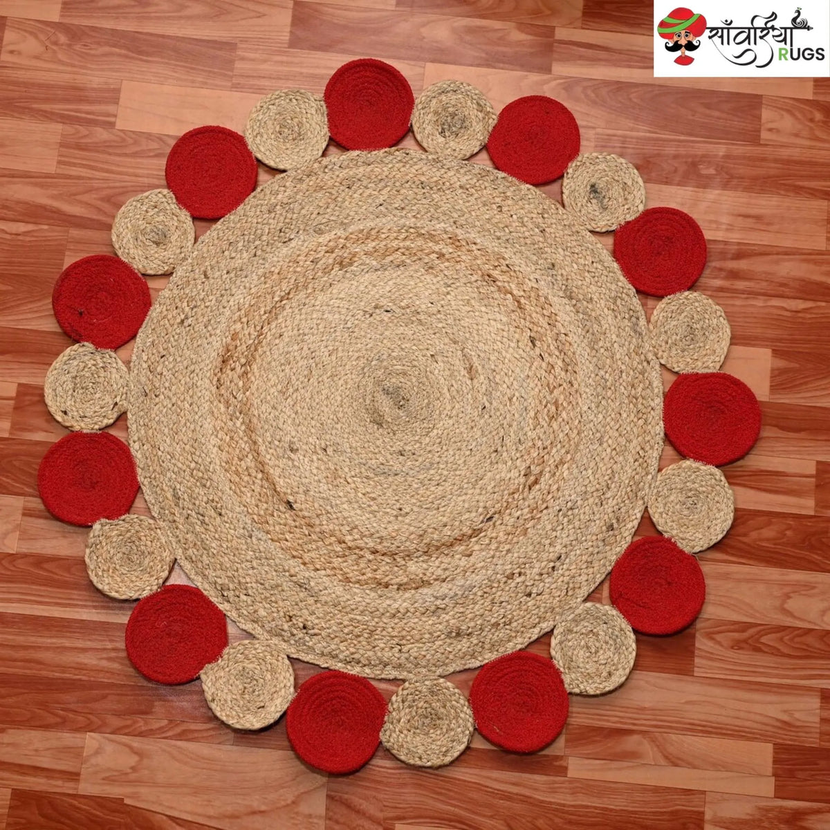 Red Scallop Jute Rug – Handwoven Round Boho Decor – Sanwariya Rugs