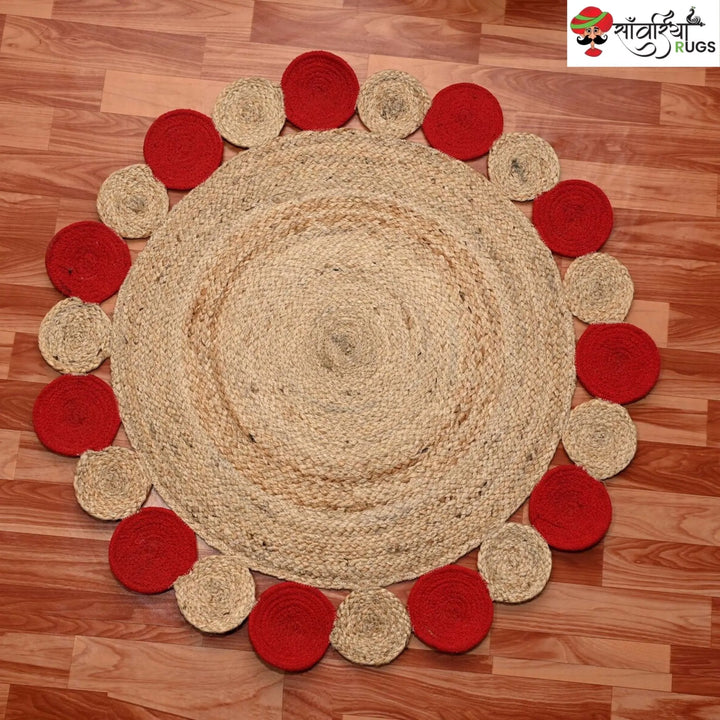 Handwoven Natural Red Circle Scallop Jute Rug