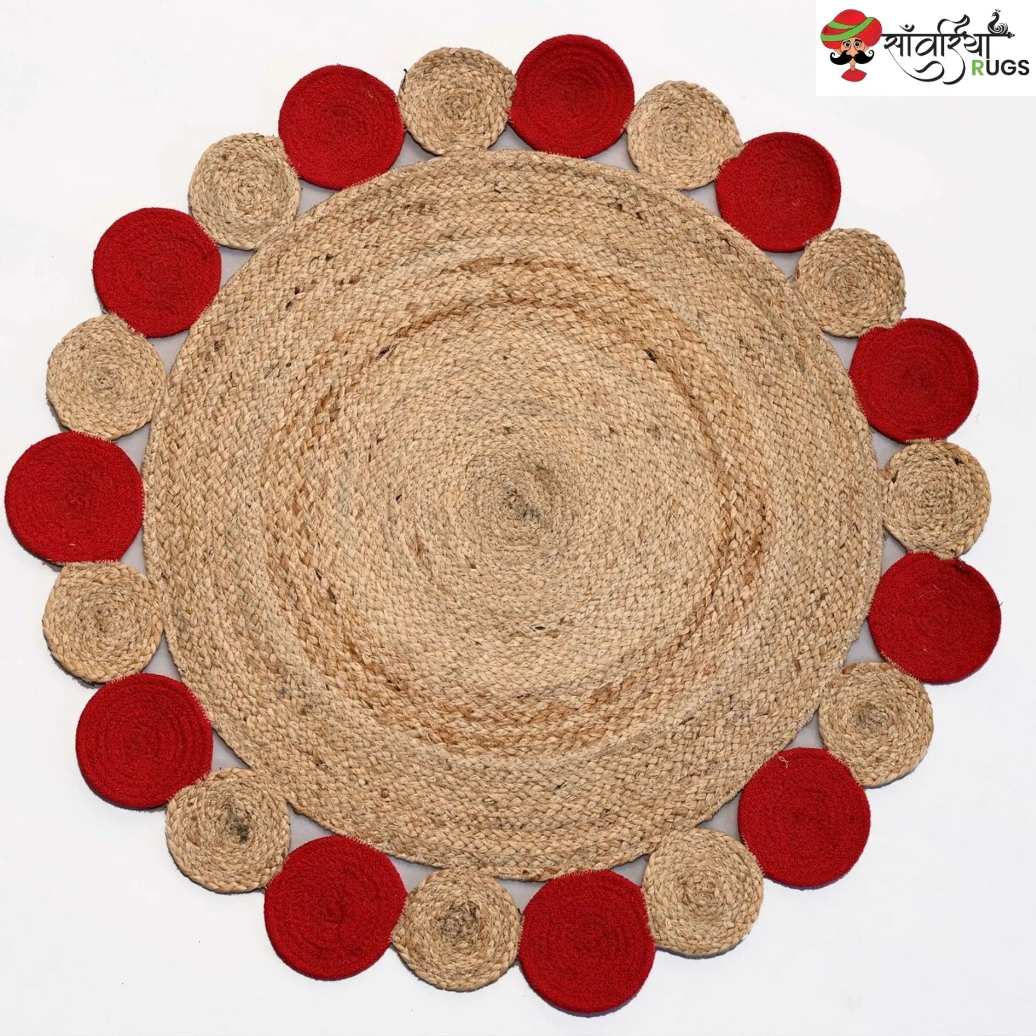 Handwoven Natural Red Circle Scallop Jute Rug