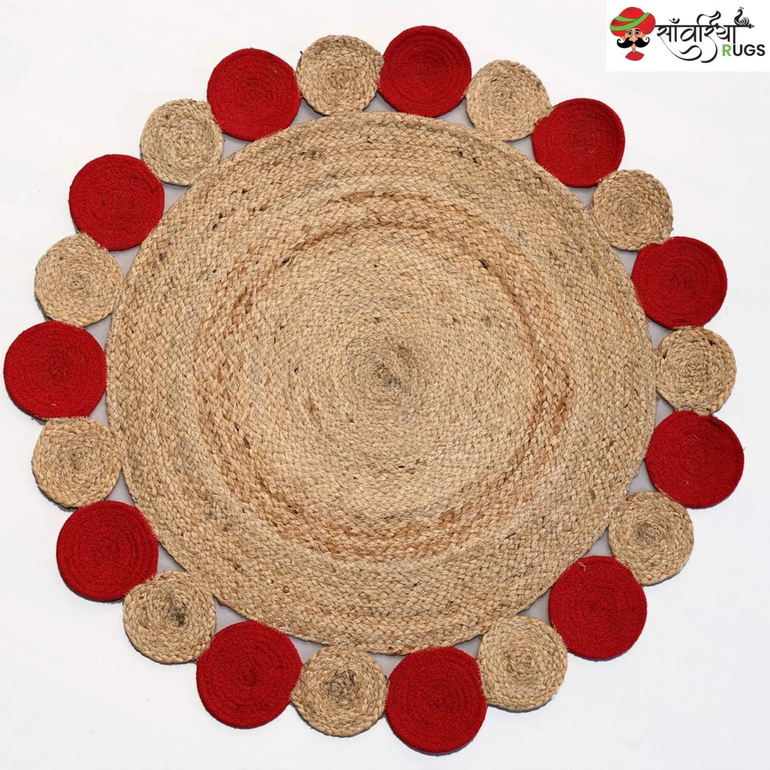 Handwoven Natural Red Circle Scallop Jute Rug