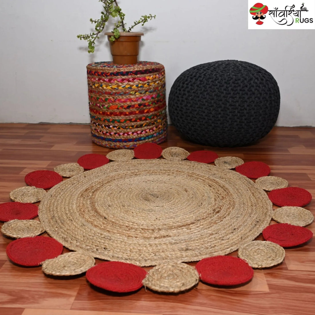 Handwoven Natural Red Circle Scallop Jute Rug
