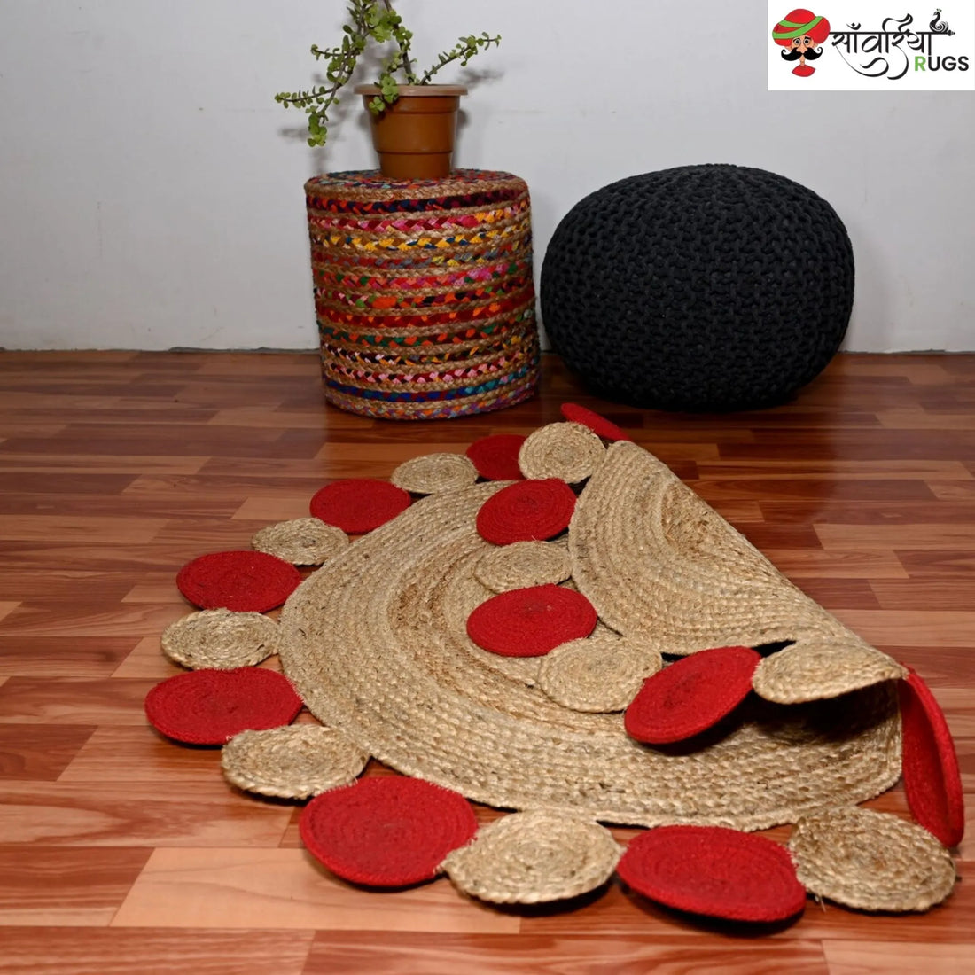 Handwoven Natural Red Circle Scallop Jute Rug