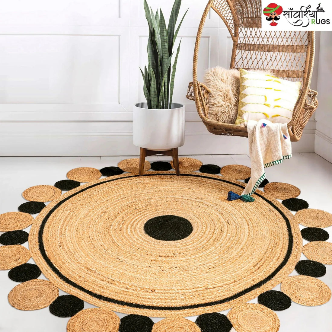 Jute Braided Round Rug – Black Circle Custom Indian Rug