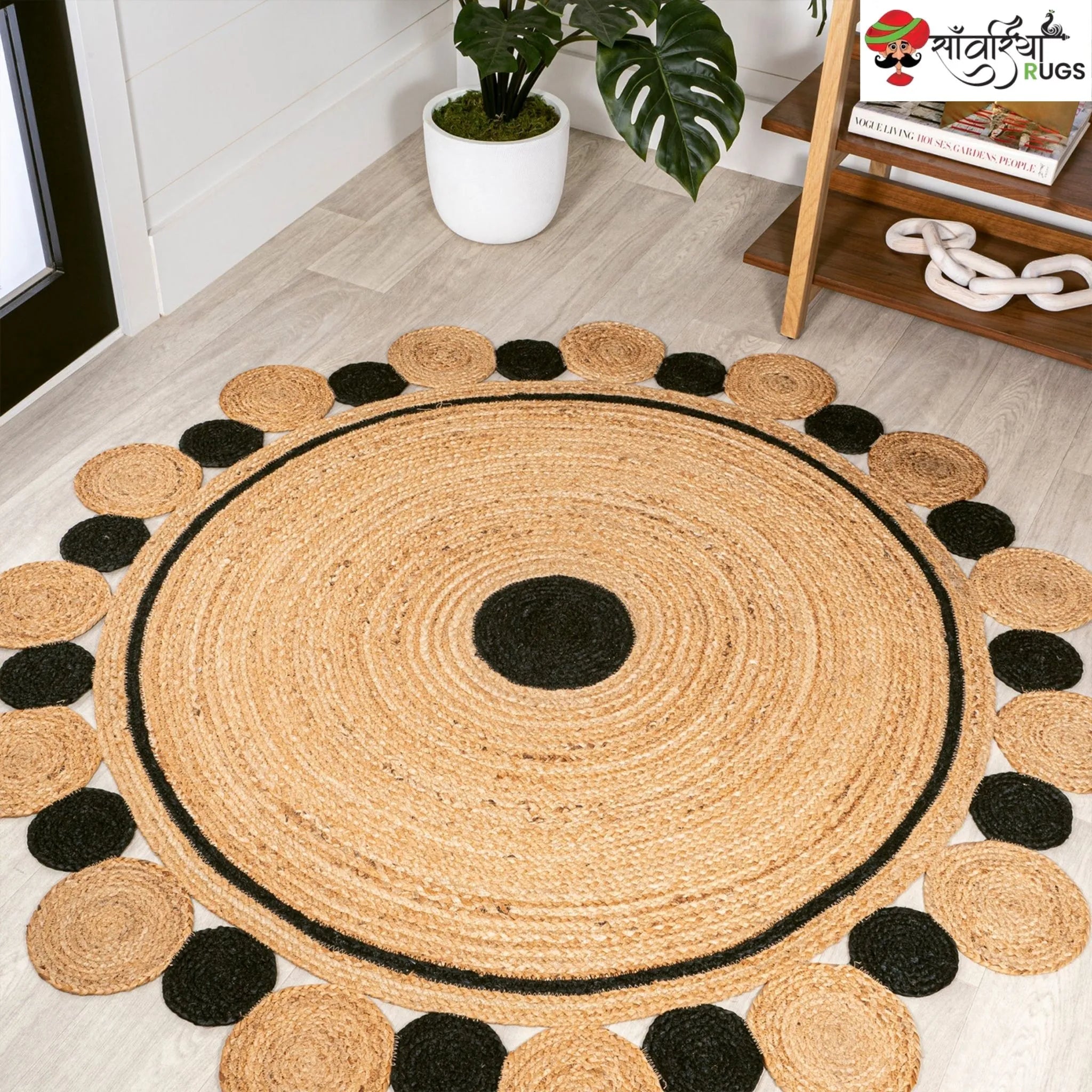 Jute Braided Round Rug – Black Circle Custom Indian Rug
