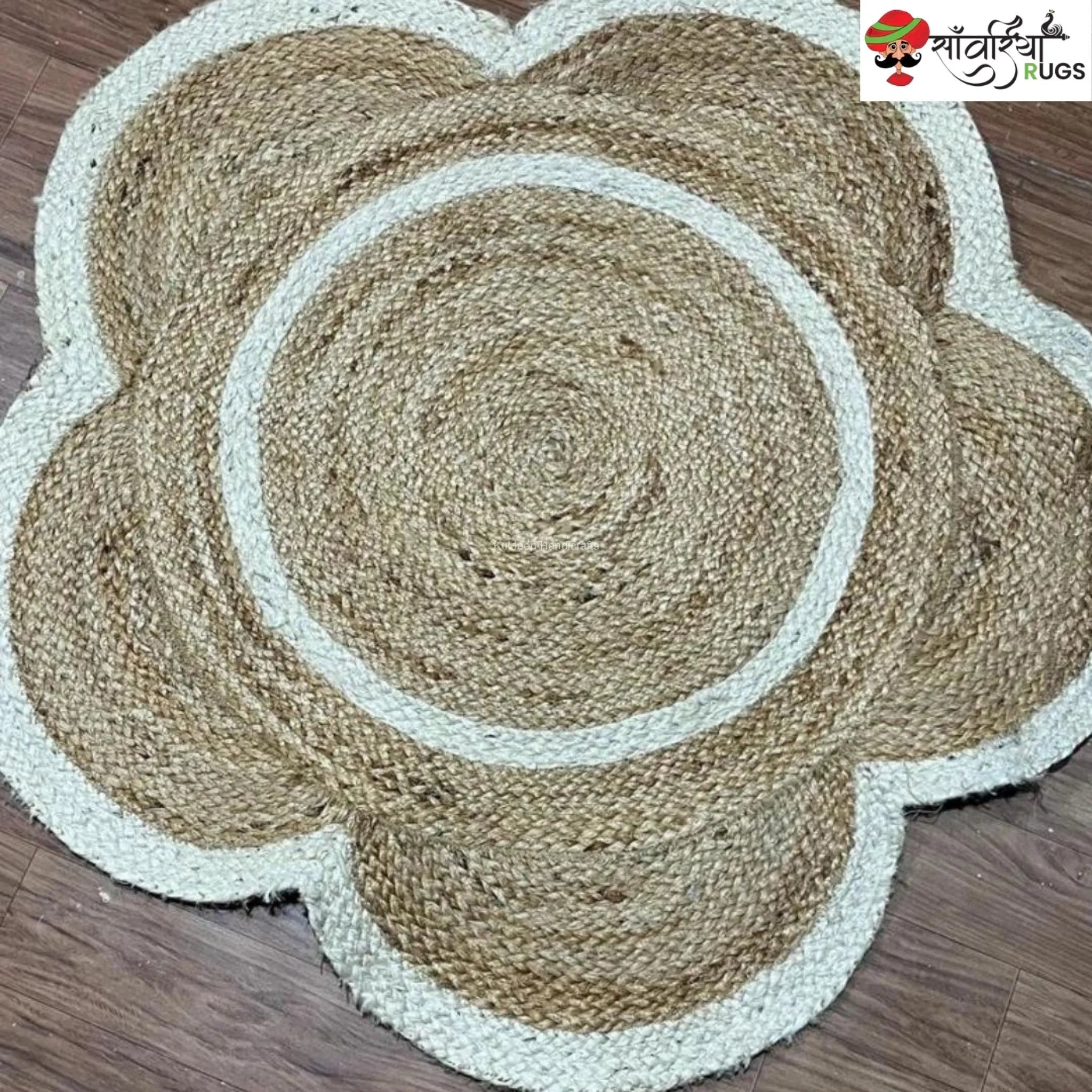 Flower Pattern Jute Round Rug – Handmade White Border Design