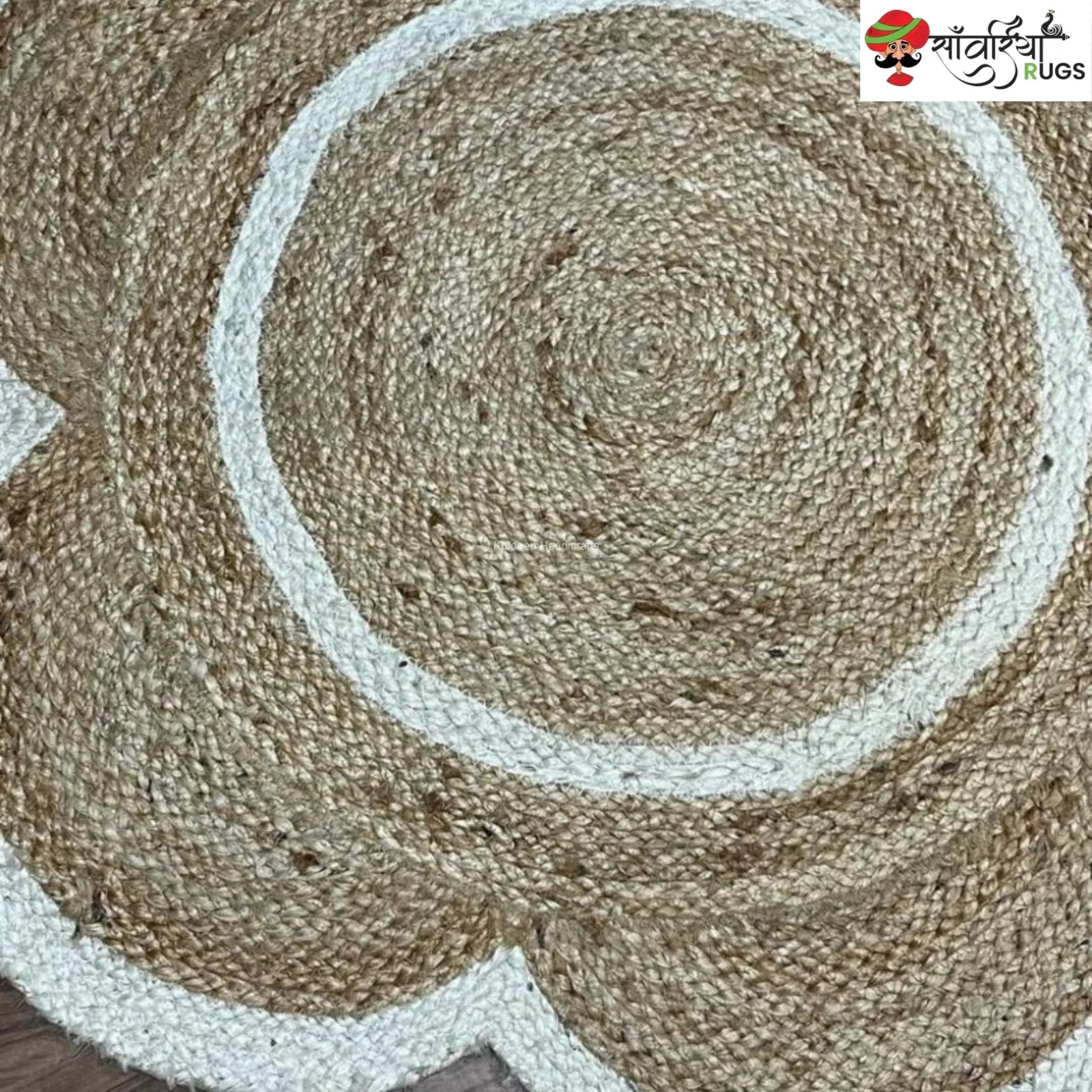 Flower Pattern Jute Round Rug – Handmade White Border Design