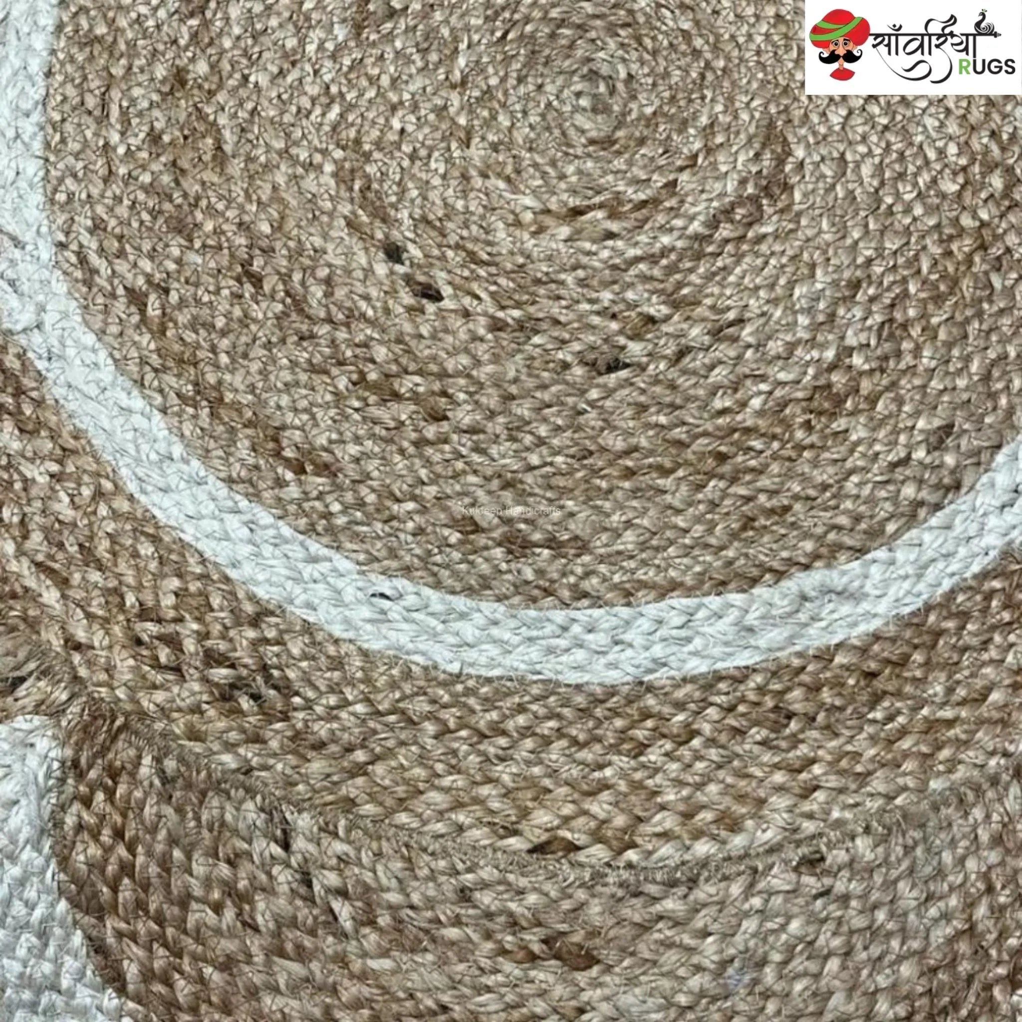 Flower Pattern Jute Round Rug – Handmade White Border Design