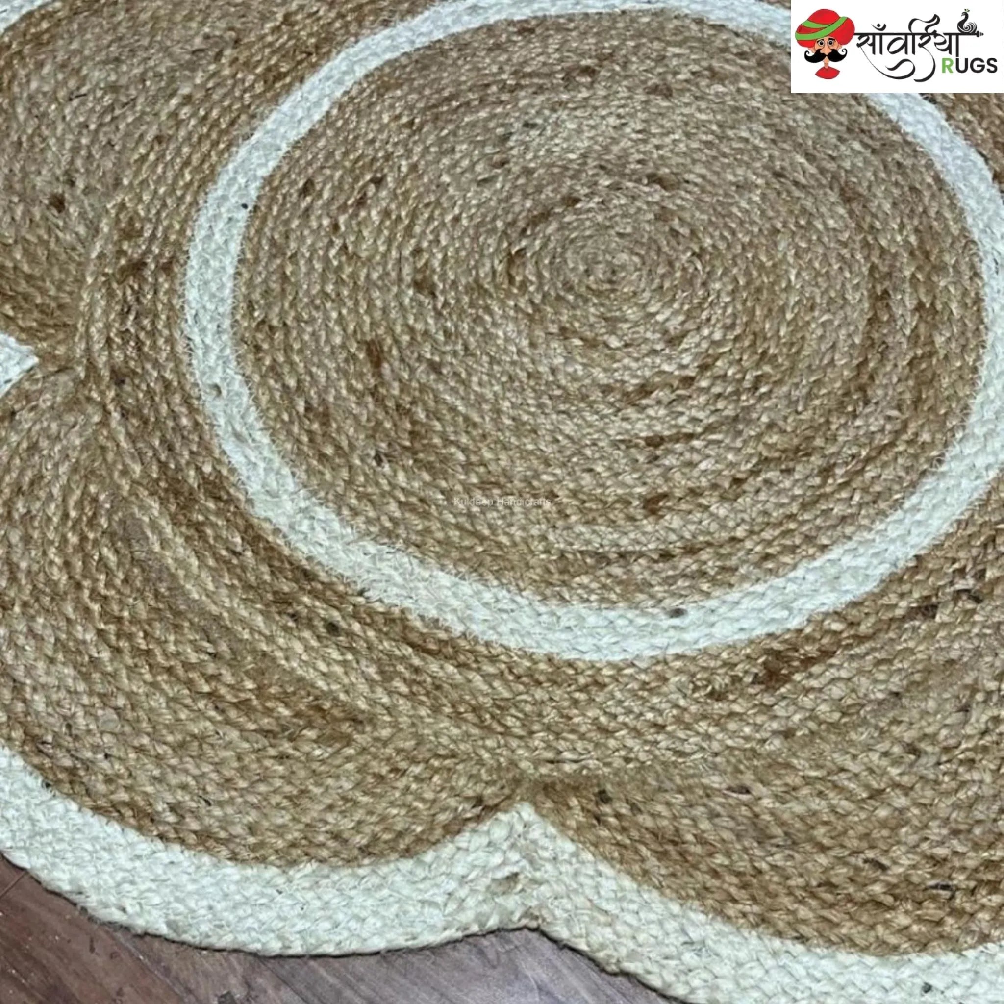 Flower Pattern Jute Round Rug – Handmade White Border Design