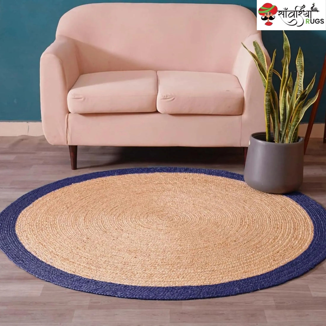 Handmade Bohemian Round Jute Rug with Multicolor Beige Border