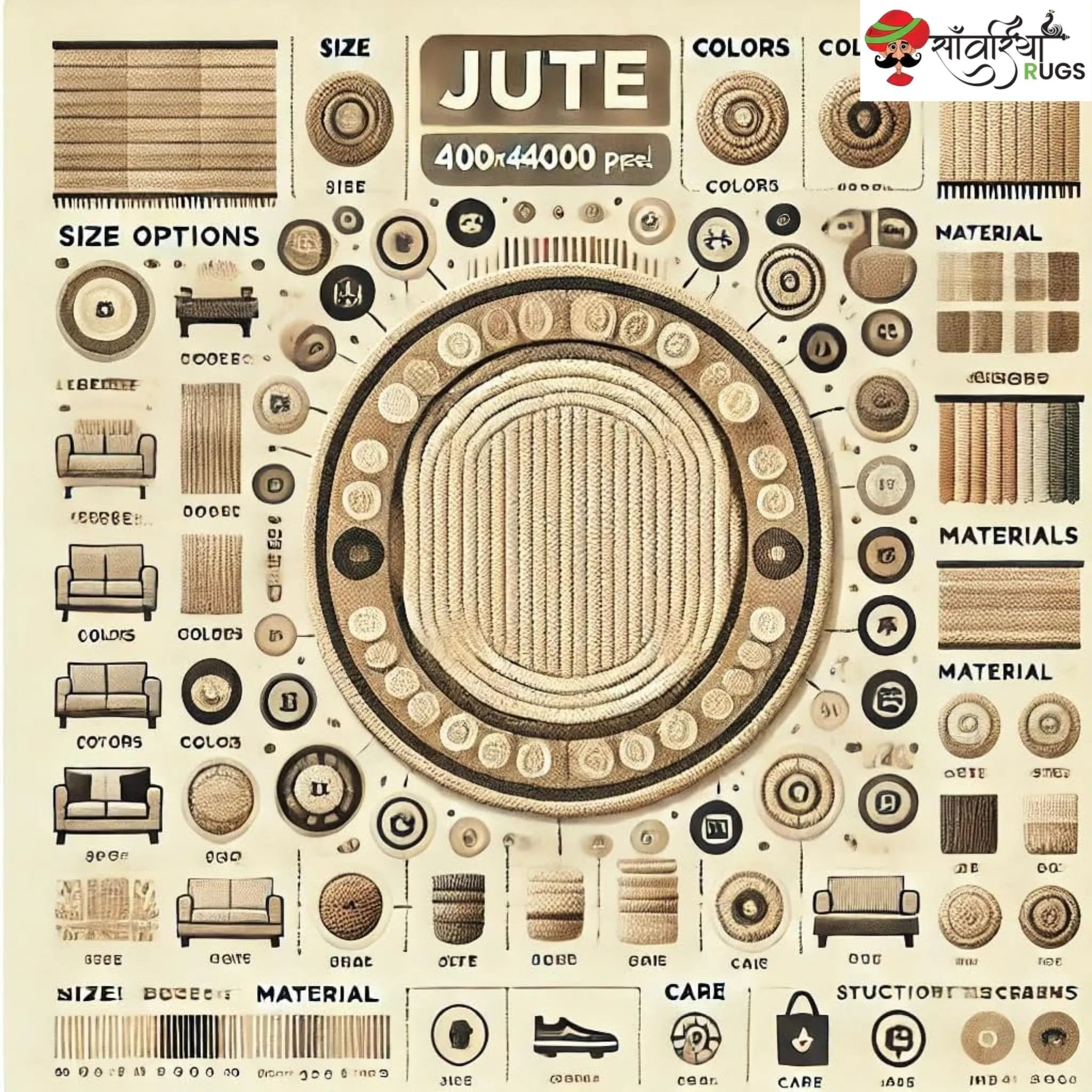 Handmade Bohemian Round Jute Rug with Multicolor Beige Border