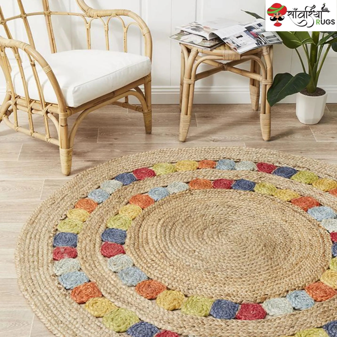 Saviela Rugs Braided Jute Round Rug – Flatweave Multicolor Design – Sanwariya Rugs