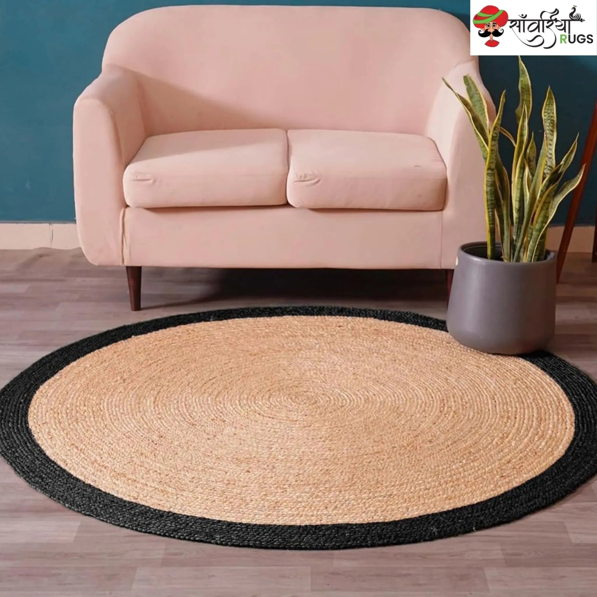 Handmade Bohemian Round Jute Rug with Multicolor Beige Border