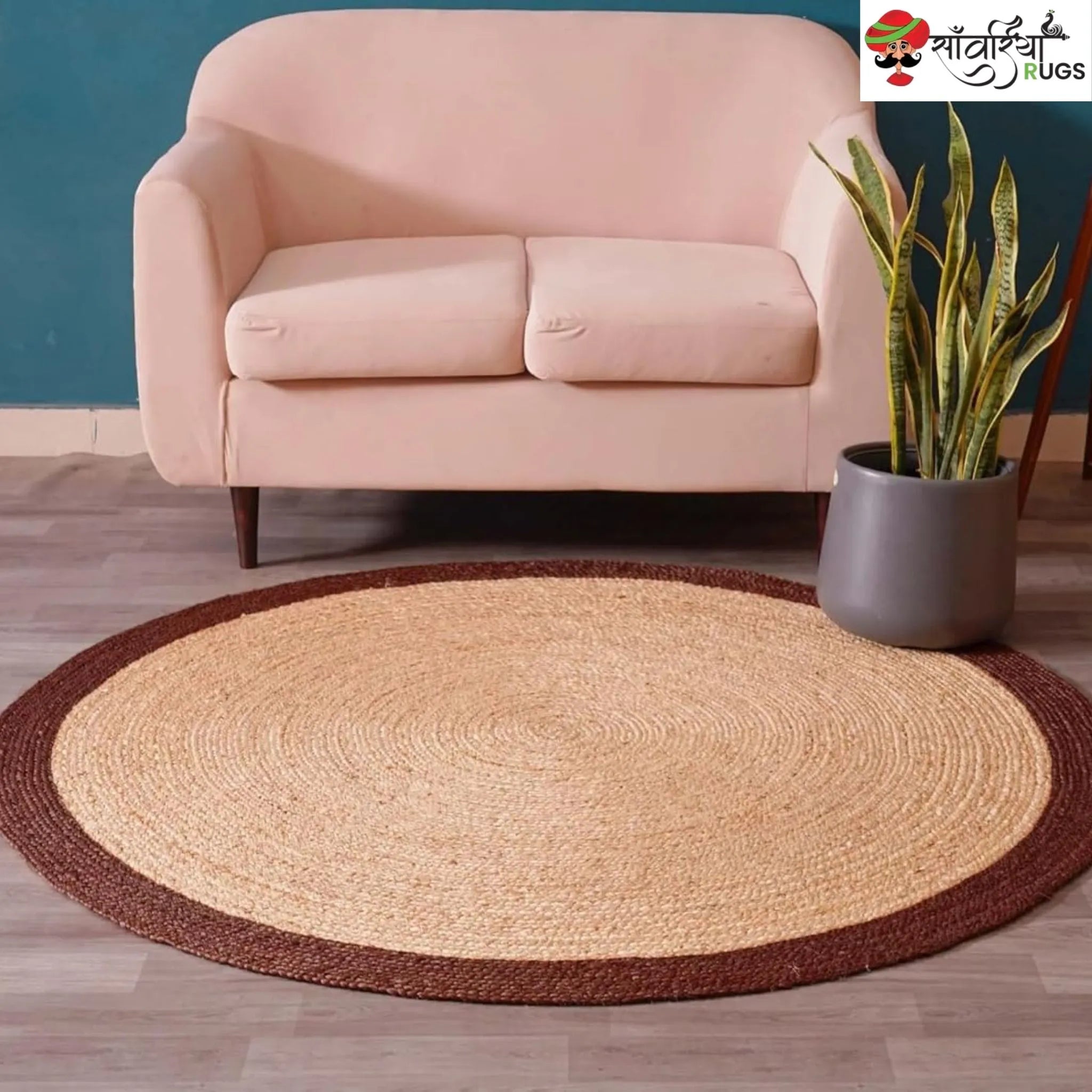 Handmade Bohemian Round Jute Rug with Multicolor Beige Border