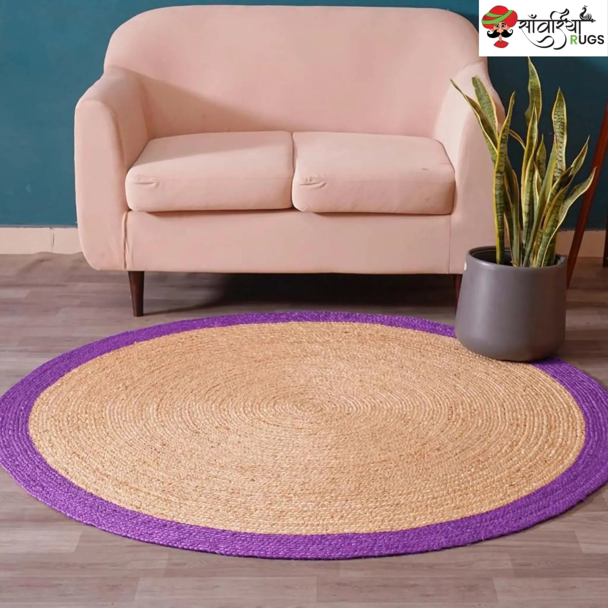 Handmade Bohemian Round Jute Rug with Multicolor Beige Border