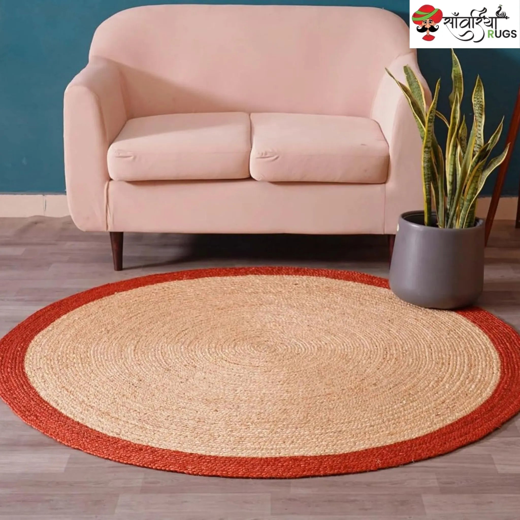 Handmade Bohemian Round Jute Rug with Multicolor Beige Border