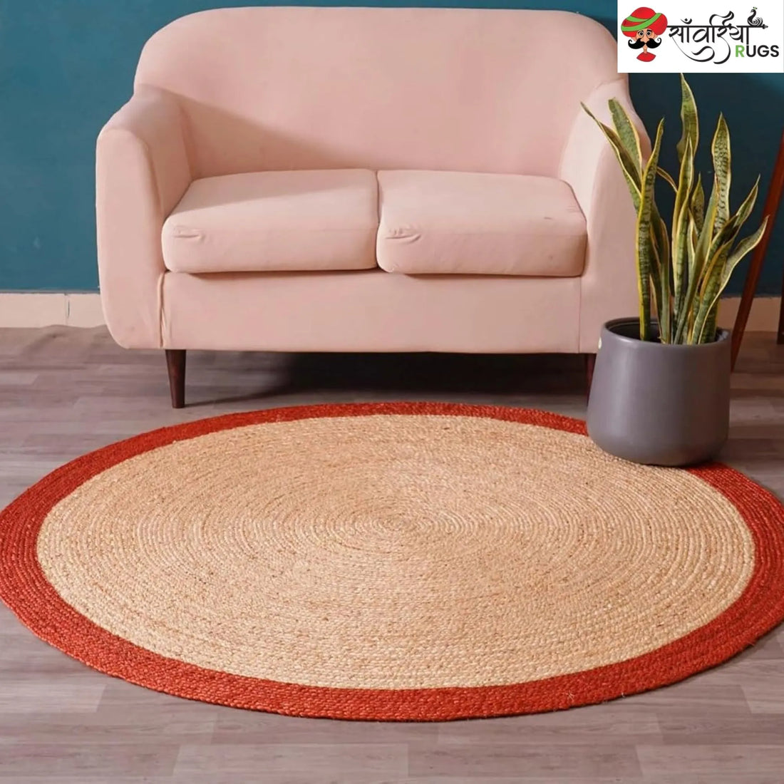 Handmade Bohemian Round Jute Rug with Multicolor Beige Border