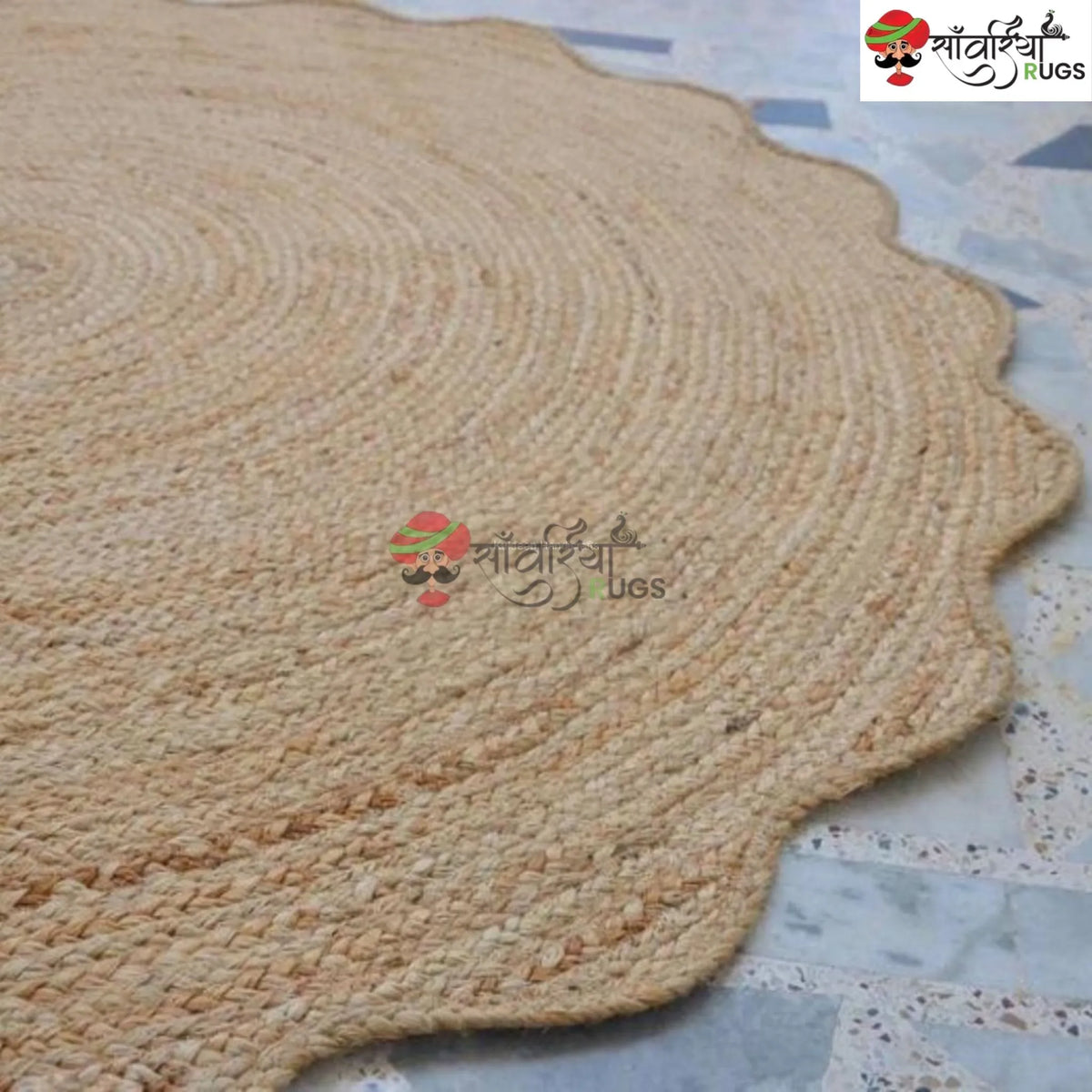 Scalloped Jute Round Rug – Handmade Boho Floor Mat – Sanwariya Rugs