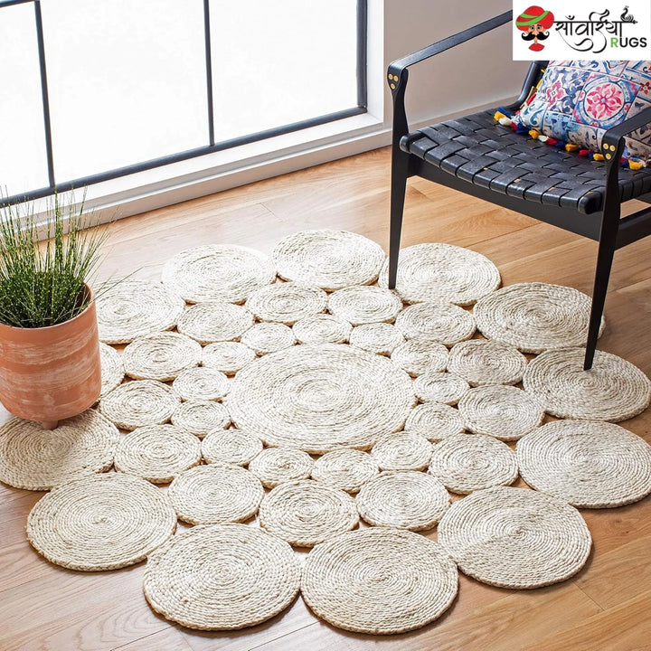 Handmade Handwoven Round Area Rug – Boho Rustic Farmhouse Style