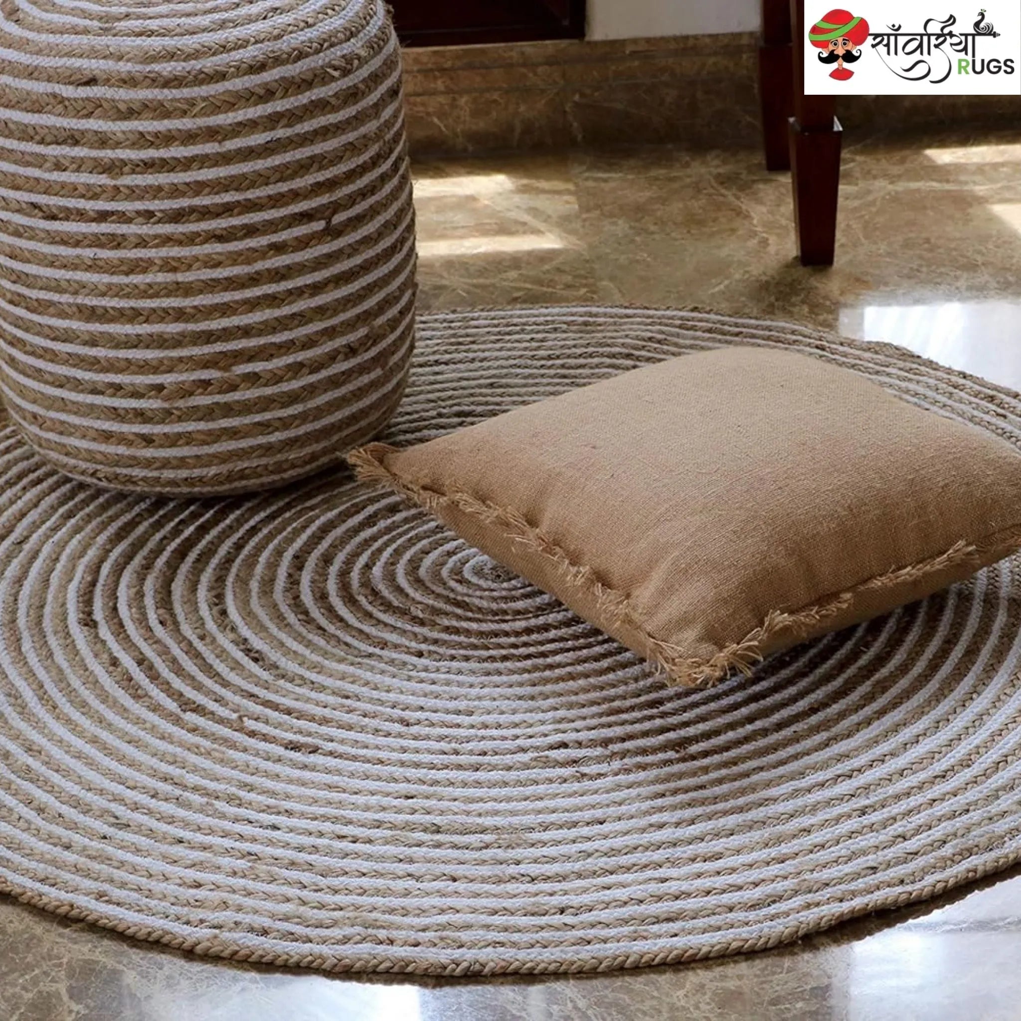 Braided Jute Cotton Round Area Rug – Handwoven Natural Rug