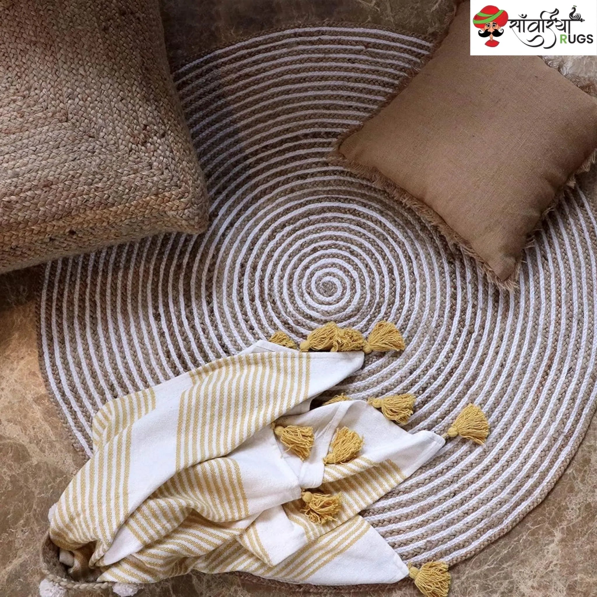 Braided Jute Cotton Round Area Rug – Handwoven Natural Rug