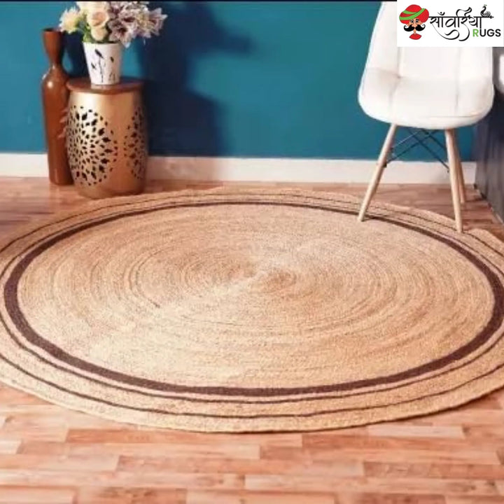 Hand-Braided Jute Round Rug with Multicolor Border