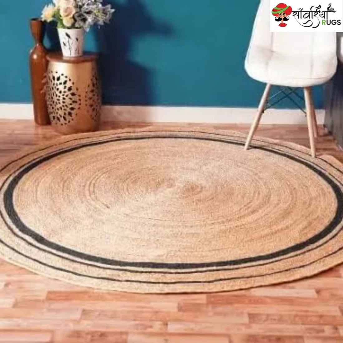 Hand-Braided Jute Round Rug with Multicolor Border
