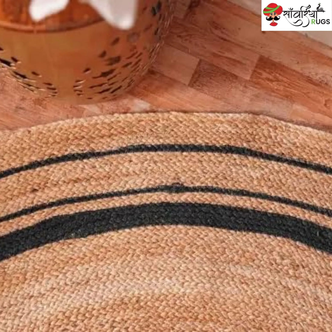 Hand-Braided Jute Round Rug with Multicolor Border