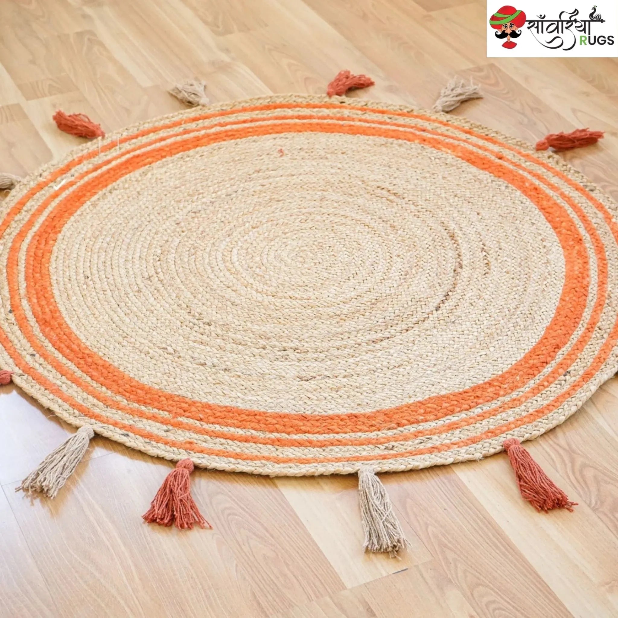 Round Braided Jute Rug with Orange Trim & Tassels