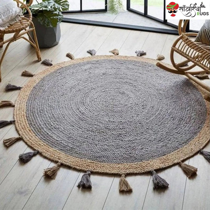 Jute Rug Round Tassel – 100% Natural Hand Braided Design