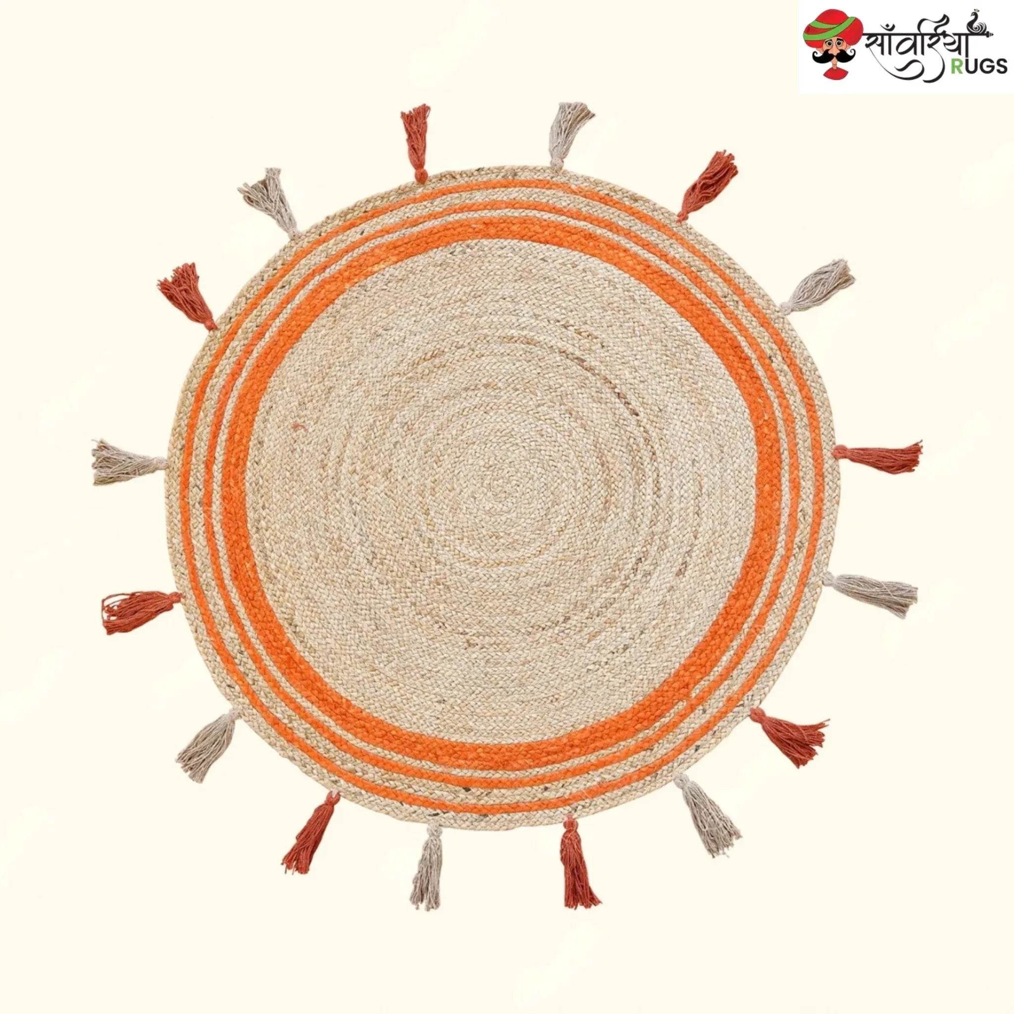 Round Braided Jute Rug with Orange Trim & Tassels