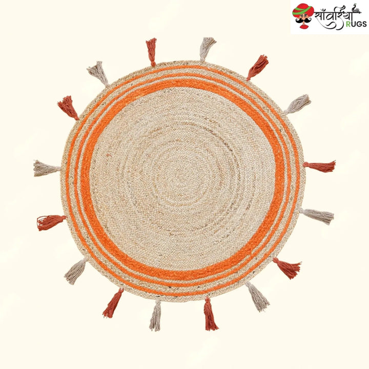Handmade Round Braided Jute Rug – Natural & Orange Tassel Area Rug