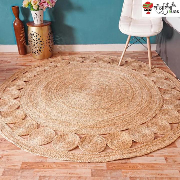 Handmade Jute Braided Round Rug with Multicolor Scalloped Border