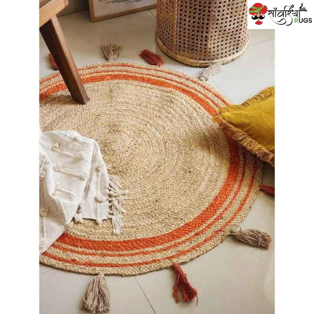 Round Braided Jute Rug with Orange Trim & Tassels