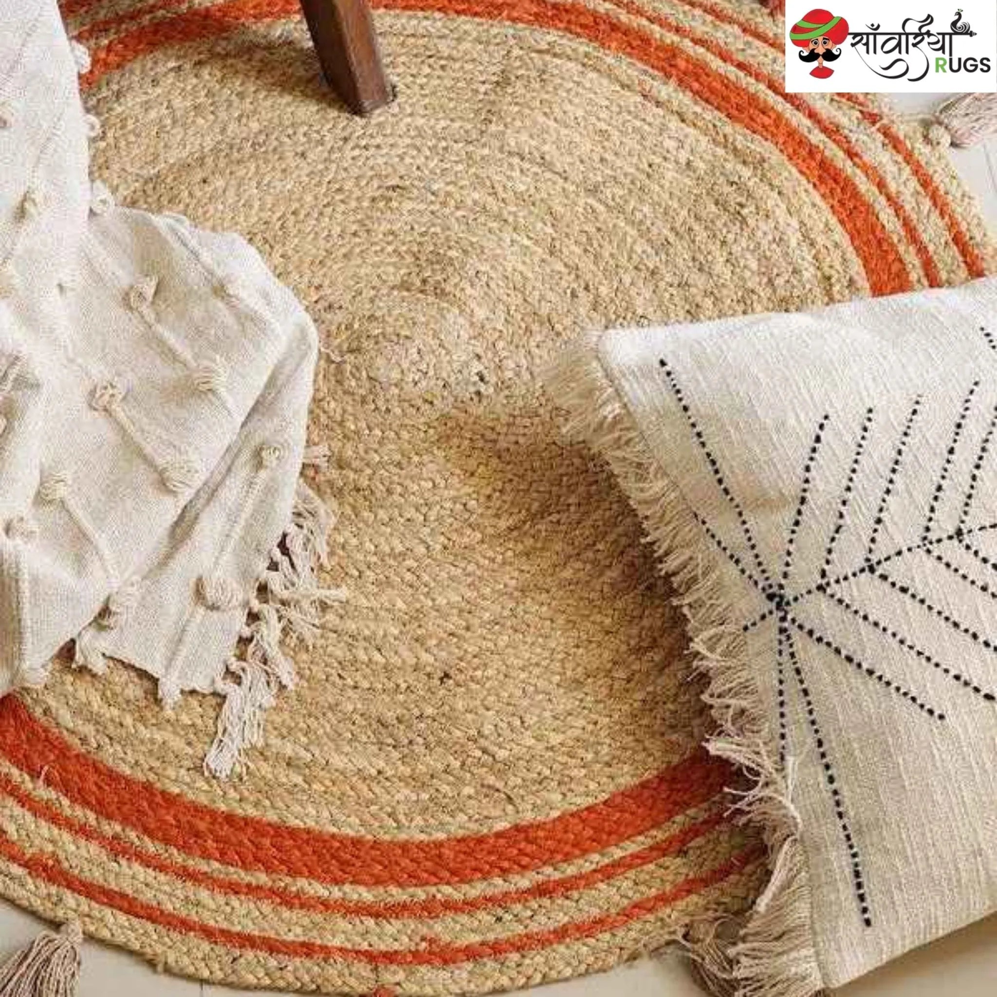 Round Braided Jute Rug with Orange Trim & Tassels