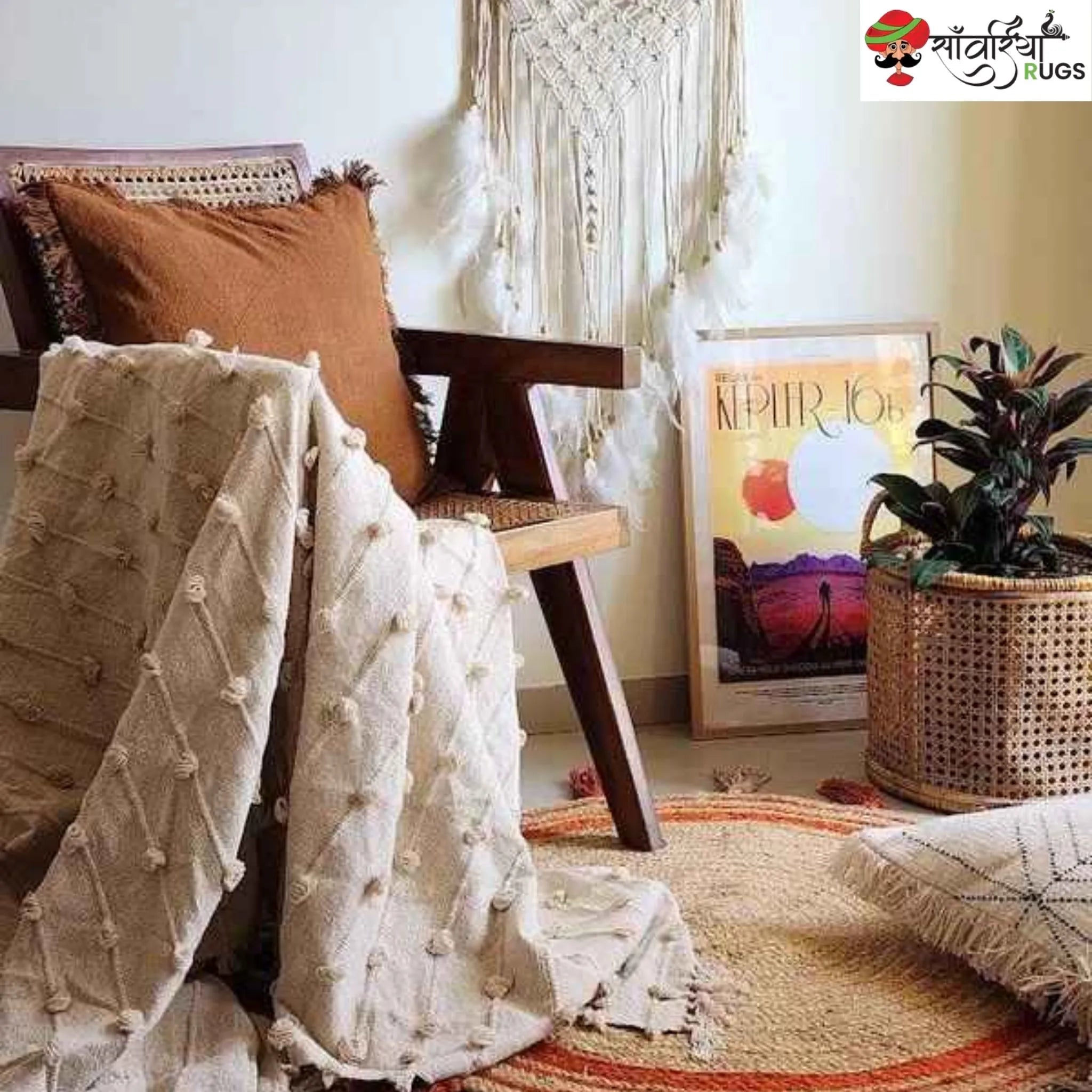 Round Braided Jute Rug with Orange Trim & Tassels