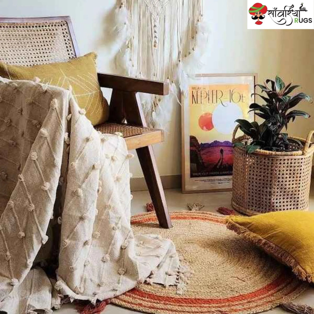 Round Braided Jute Rug with Orange Trim & Tassels