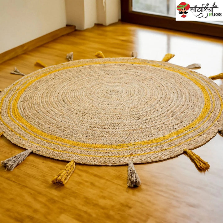 Yellow Braided Jute Round Rug with Tassel Details