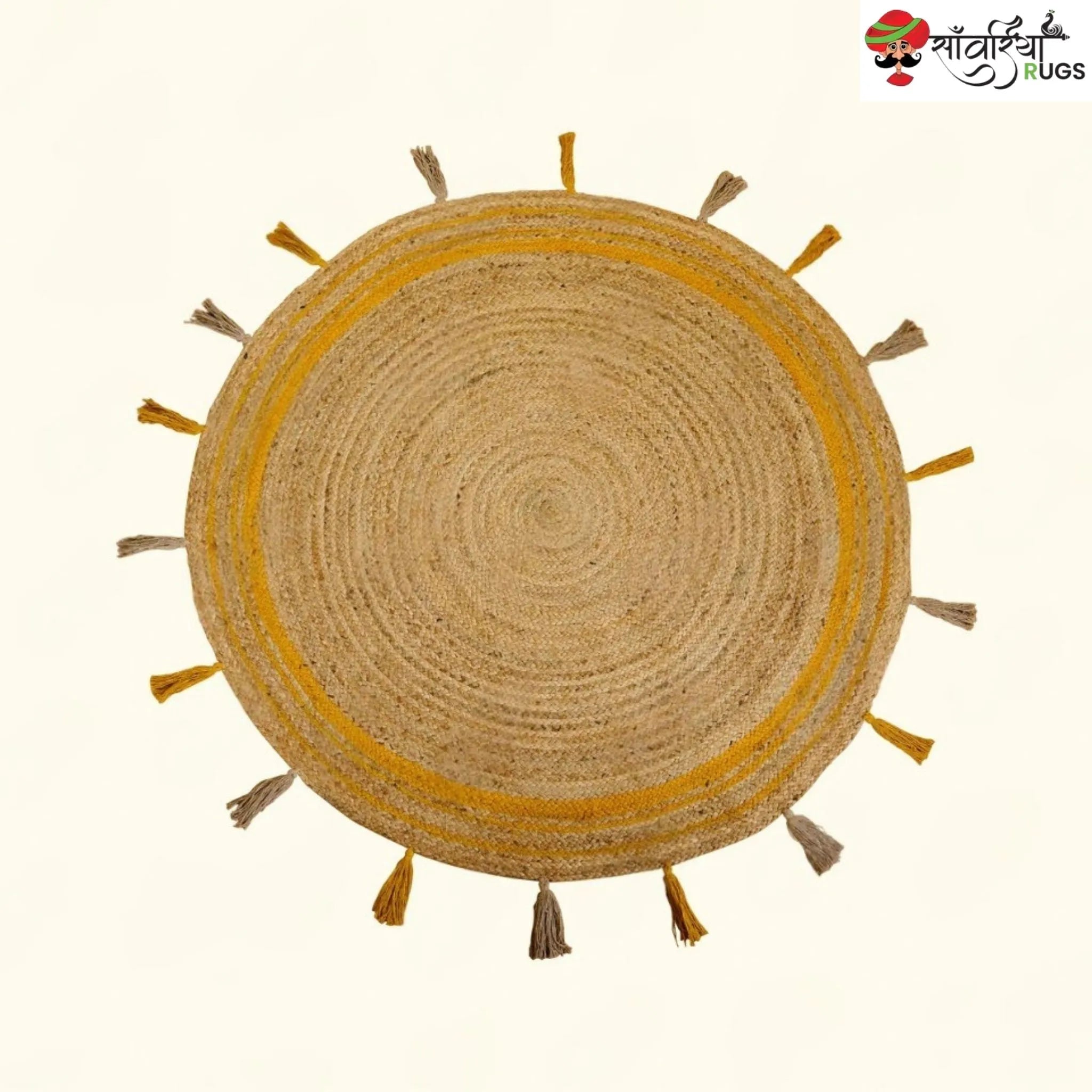 Yellow Braided Jute Round Rug with Tassel Details