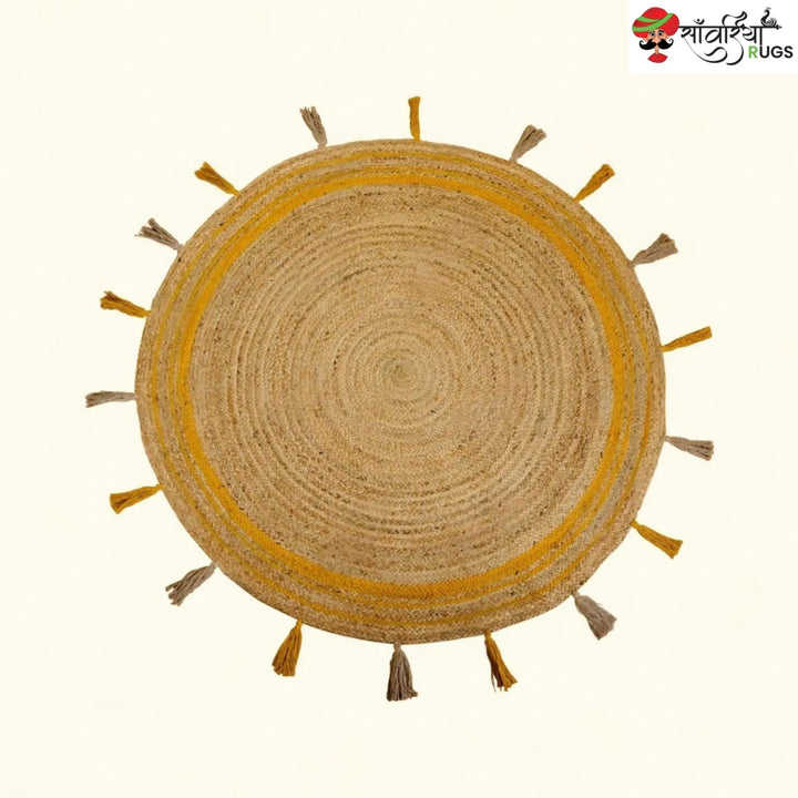 Yellow Braided Jute Round Rug with Tassel Details