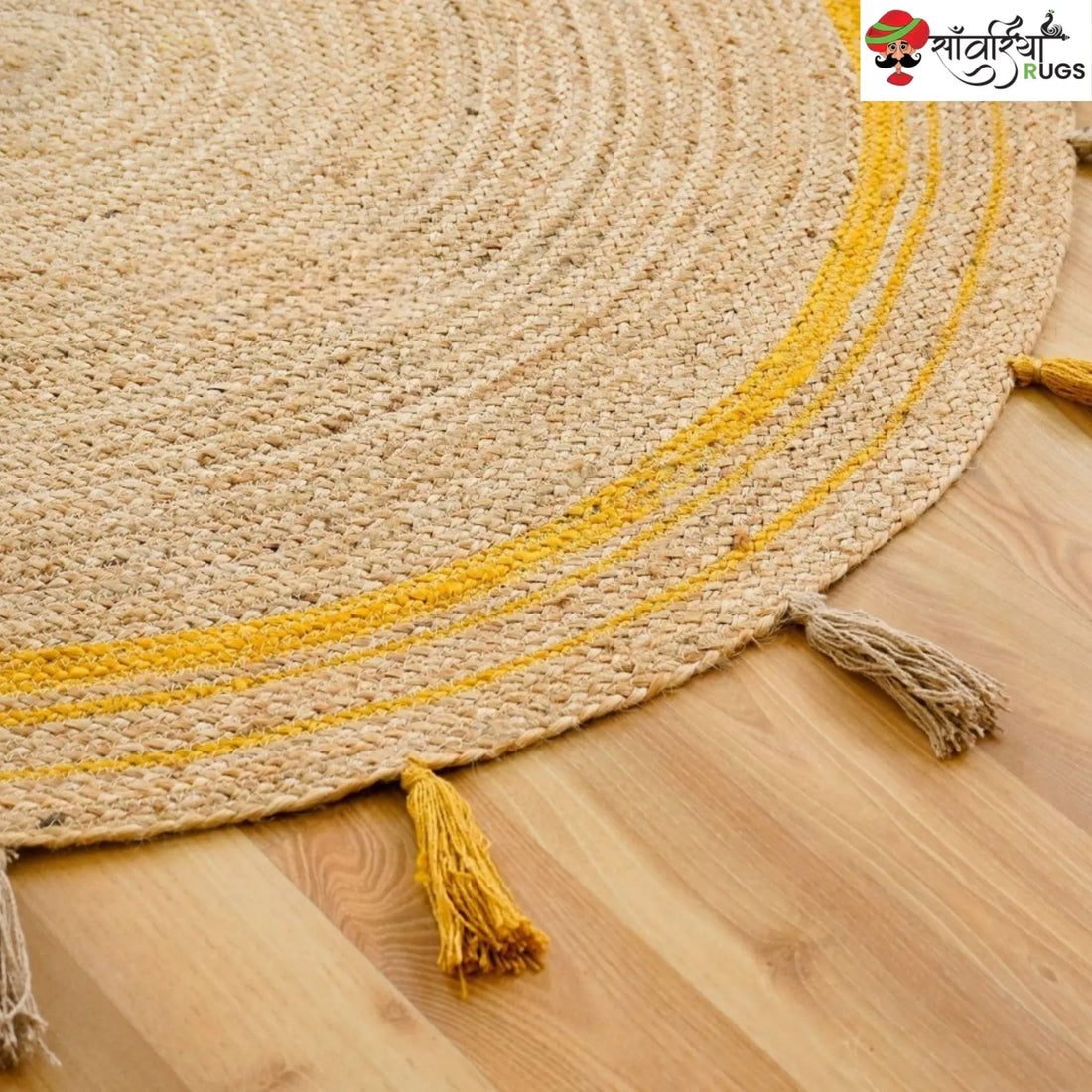 Yellow Braided Jute Round Rug with Tassel Details